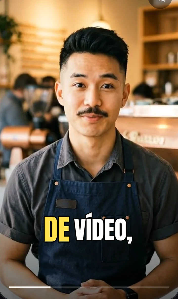Vídeo de um barista falando, com a legenda “DE VÍDEO,” queimada na imagem e a palavra sendo dita destacada em amarelo.