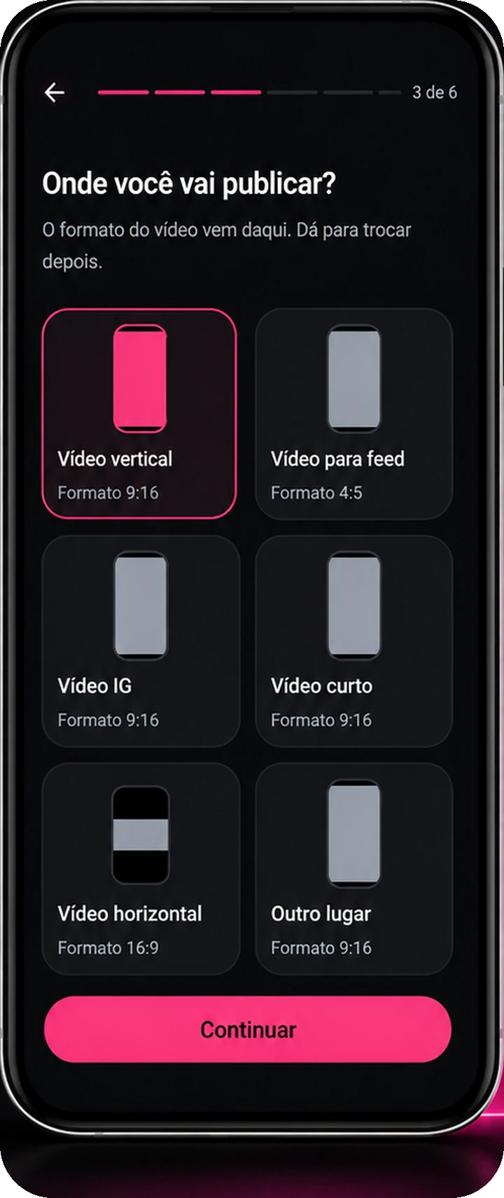 A etapa do destino: cartões com vídeo vertical, feed, IG, curto e horizontal.
