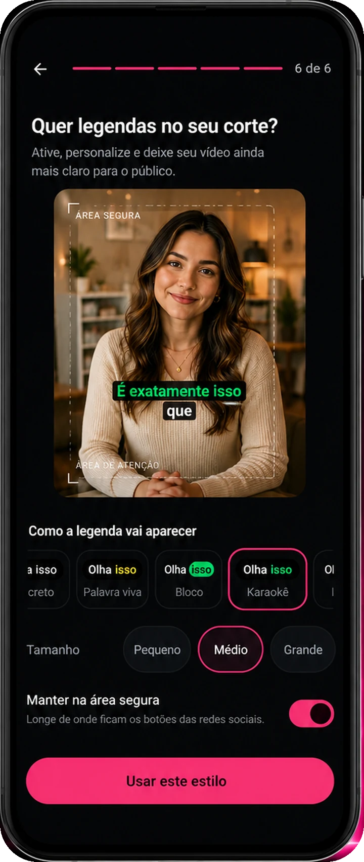 A folha de estilos de legenda sobre o vídeo, com a palavra sendo dita destacada em verde.