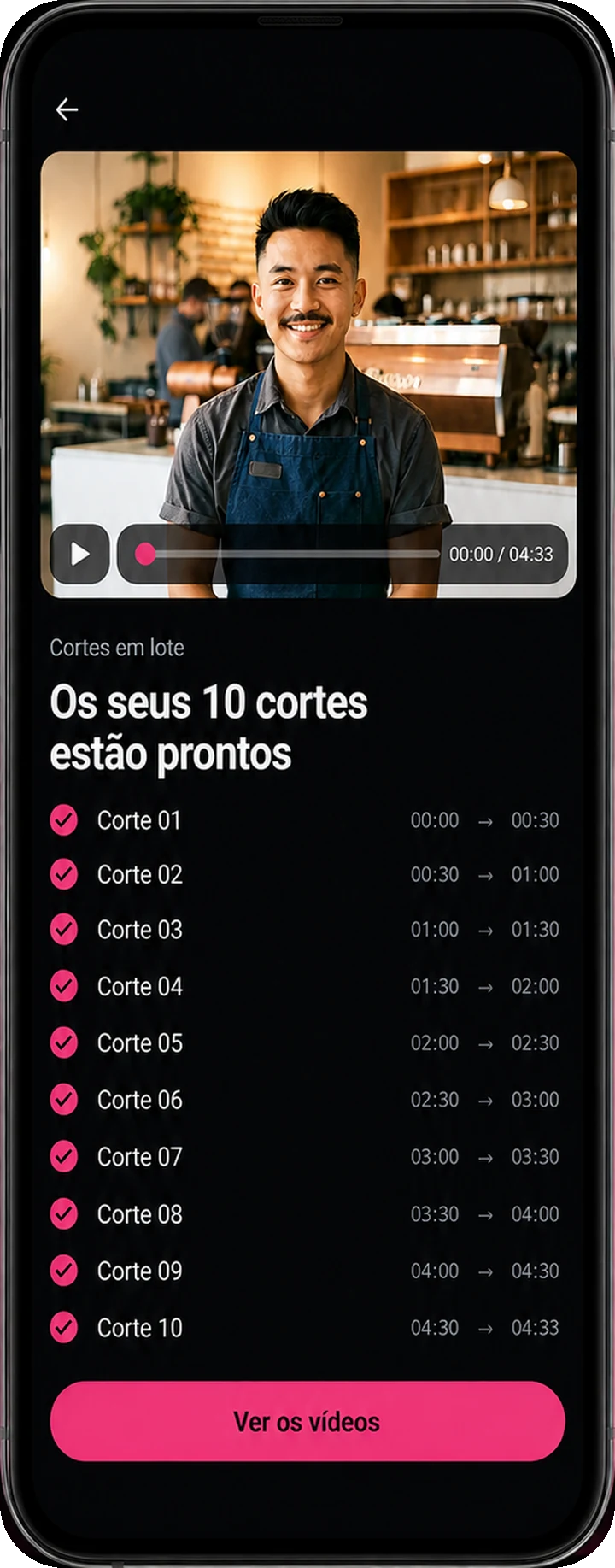 A tela final de um lote, com dez cortes prontos e os intervalos de cada um.