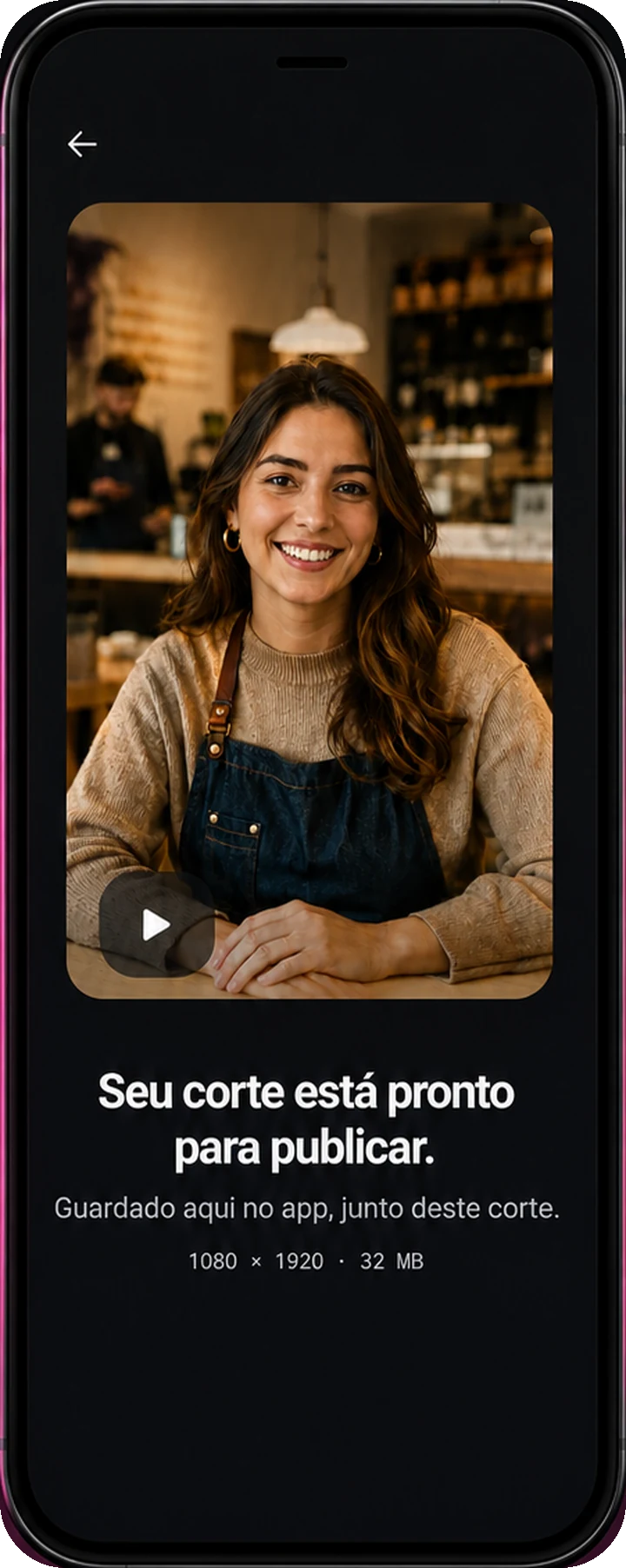 A tela de conclusão, com o vídeo tocando e o aviso de que ele foi guardado no app.
