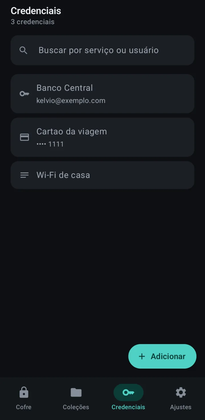 Lista de credenciais do Fort com um login, um cartão e uma nota segura