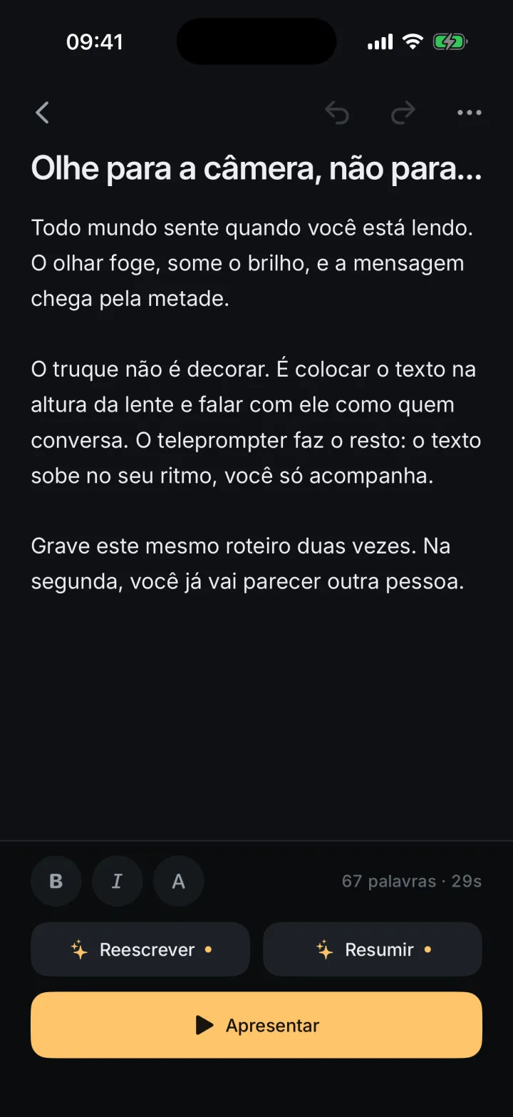 O editor de roteiro, com o texto, a contagem de 67 palavras e 29 segundos, e os botões Reescrever, Resumir e Apresentar.