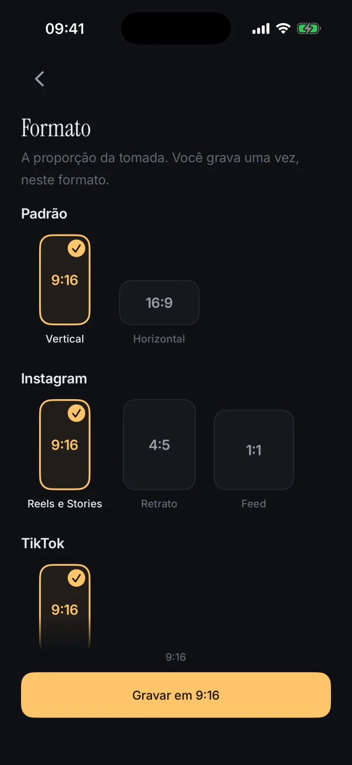 A escolha de formato, com 9:16 marcado e as opções por rede: padrão, Instagram e TikTok.