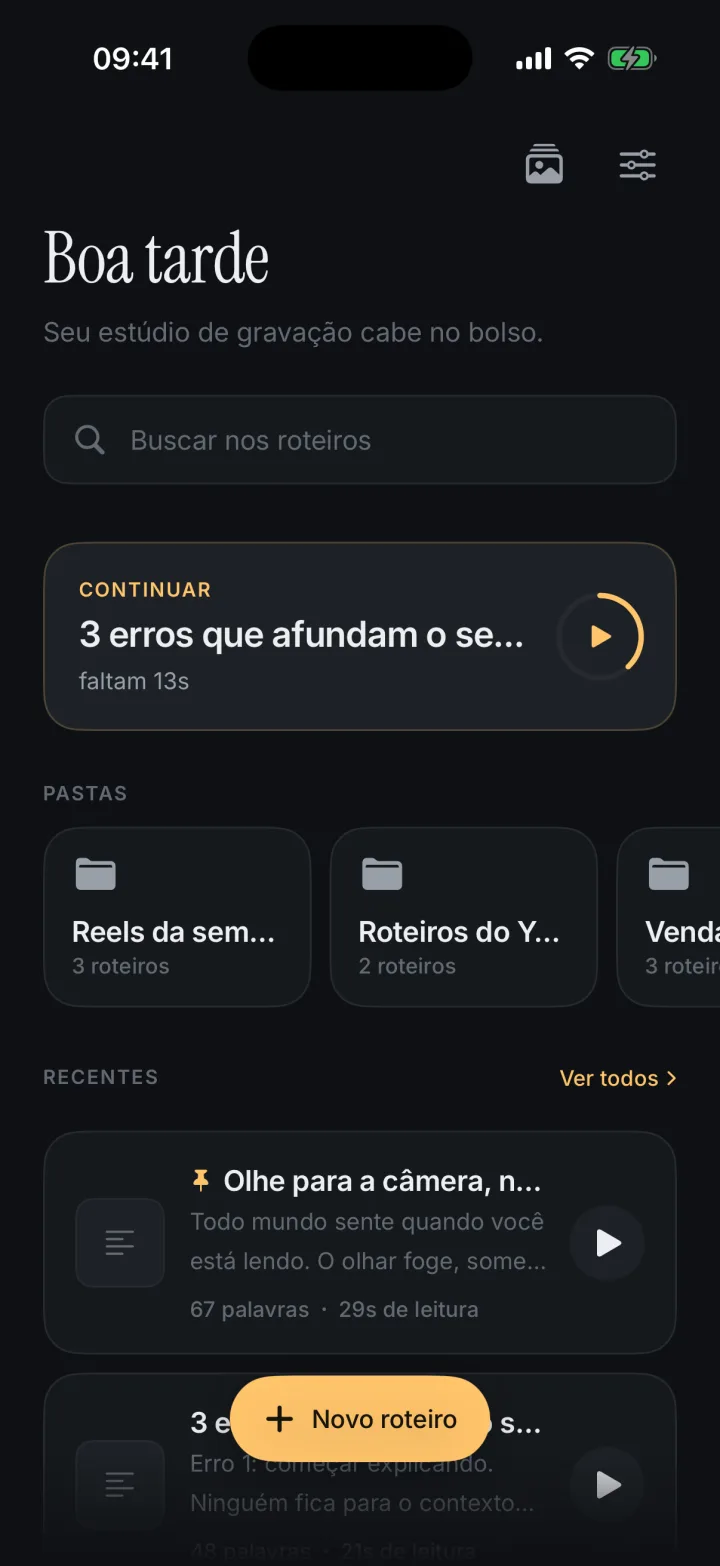 A tela inicial do Teleprompter: o cartão Continuar com o roteiro interrompido, as pastas e os roteiros recentes.